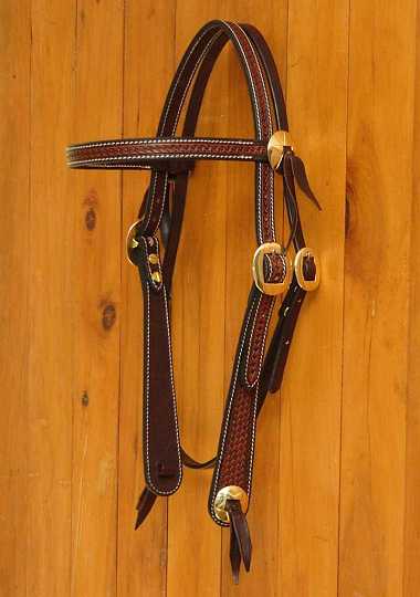 Straight bukroo.JPG - Straight Brow Buckaroo bridle ~ Dark Brown Antique ~ Basket stamped & dressed with Brass cart buckles & solid english brass concho's. Roo hide bit attachment.